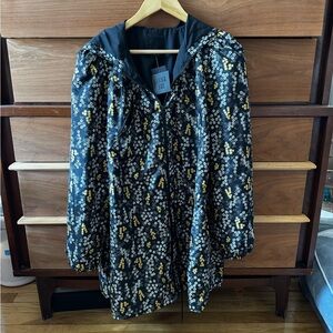 Anna Sui Black Hooded Floral Puffer Coat with Yellow & White Print